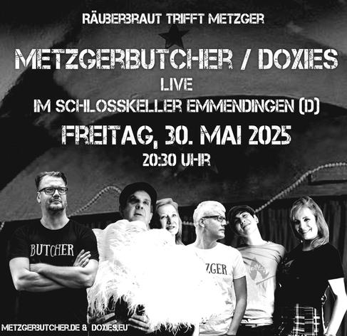 Grafik für das Konzert von MetzgerButcher und den Doxies am 30. Mai 2025 im Schlosskeller in Emmendingen.