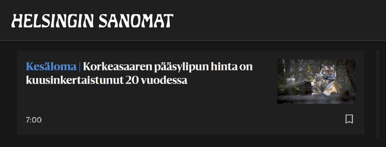 Kesäloma | Korkeasaaren pääsylipun hinta on kuusin­­kertaistunut 20 vuodessa

HS 2025-0530