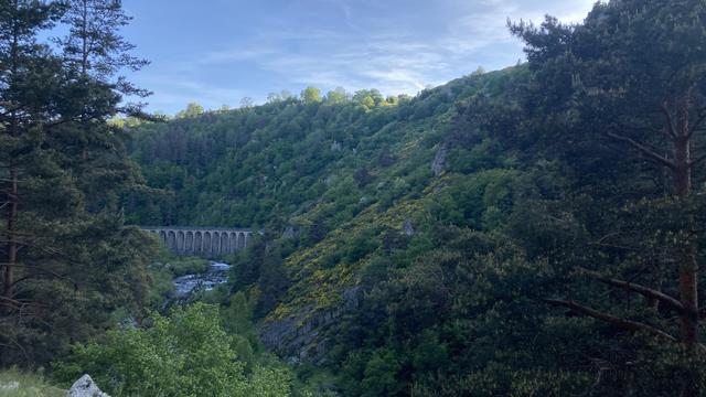 Vue sur le viaduc ferré situé entre un flanc de montagne et la rivière Allier, non loin du village du Nouveau-Monde / Chapeauroux.