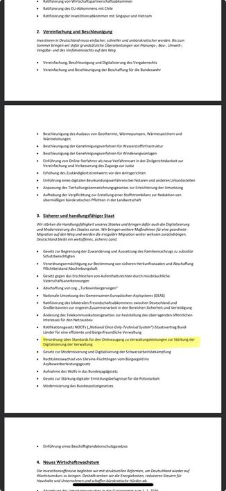 A long list of government programmes with 3 main headlines: simplification and acceleration, safe and reliable state, new economic growth