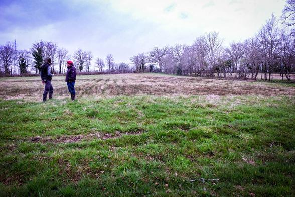 Série de photo de Sylvain Tilleul (portant une casquette) avec Julien Jemin, chargé de missions au Conservatoire d’espaces naturels de Nouvelle-Aquitaine, en visite sur les parcelles de l’éleveur.