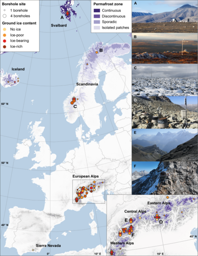 Übersicht der ausgewerteten Standorte in europäischen Permafrostgebirgen. Grafik: Noetzli et al. (2024, Nat. Commun.)