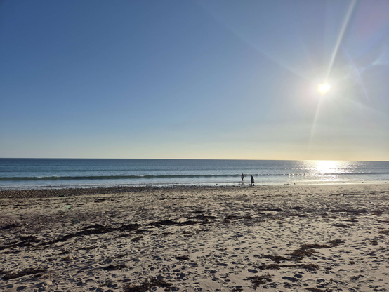 A beach scene. There are two people silhouetted in the distance, standing where the water meets the sand. The sun is over the sea to the right of image, blazing a shimmering path on the sea.