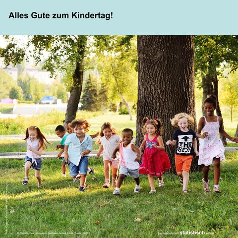 Foto. Mehrere Kinder unterschiedlichen Alters laufen im Grünen auf die Kamera zu.
Text: Alles Gute zum Kindertag!