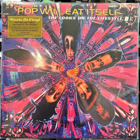A photo of the Music On Vinyl reissue of the Pop Will Eat Itself album The Looks Or The Lifestyle. The cover has heavily distorted portraits of the band members on top of a background of pixelated robot images emanating from the centre of the image. The band name and album title are both at the top.