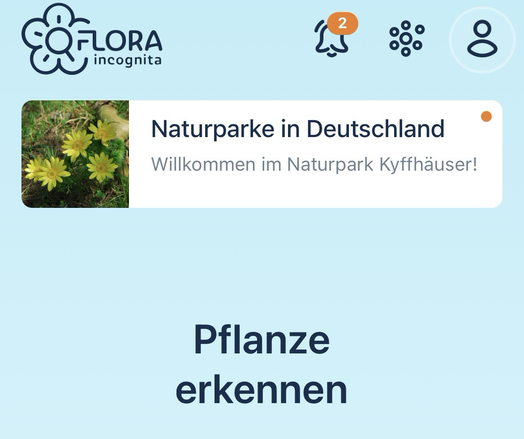 Screenshot der Flora Incognita App. Man kann sehen, dass eine Story erschienen ist „Naturparke in Deutschland -Willkommen im Naturpark Kyffhäuser“