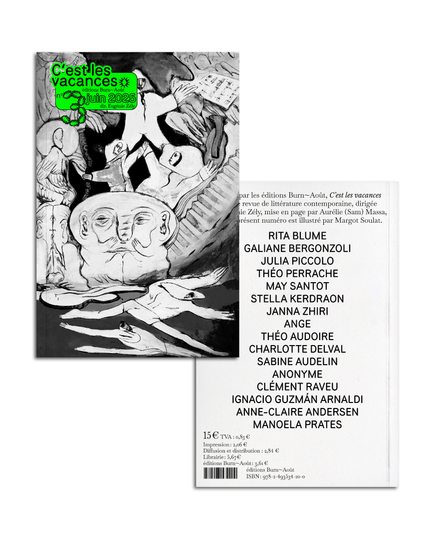 Sur un fond blanc, deux images : la première de couverture et la quatrième de couverture du troisième numéro de C'est les vacances. Les deux sont imprimés en nuances de gris.

Sur la première de couverture, on voit une illustration de Margot Soulat : des figures oniriques, des personnages fantastiques ressemblant à des humains. Les corps se mélangent. On voti des escaliers, des feuilles, des pages, des ailes, des membres tendus, des visages.

Une seule touche de couleur vient contraster la couverture, un sticker vert fluo et noir sur lequel on lit "C'est les vacances n°3, éditions Burn~Août, juin 2025, dir. Eugénie Zély." Le "3" est composé en fourmis, avec l'Ouvrières de Laure Azizi.

Sur la quatrième de couverture, on lit voit une composition typographique avec des informations sur la conception de ce numéro, la liste des auteurices, et le cartouche sur le détail des postes de dépense. Le livre coûte 15 € !