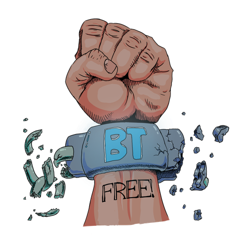 A fist is held firmly in the air, with a crashed, falling apart shackle on the wrist that says BT on it. The wrist has a tattoo with the word FREE!. Symbolizing the slavery of Big Tech and the movement towards freedom.