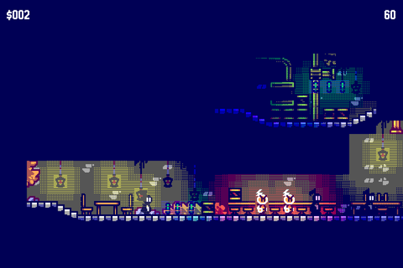 Pixel-art of note people and red electric people in a dark/chiaroscuro tavern with blue-green coins