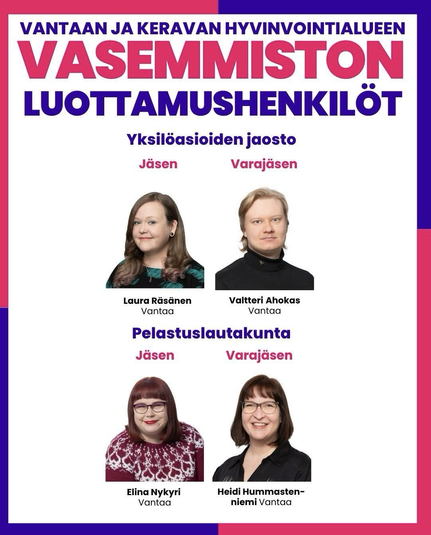 ”✨Yksilöasioiden jaosto varsinainen jäsen Laura Räsänen ja varajäsen Valtteri Ahokas  ✨Pelastuslautakunta varsinainen jäsen Elina Nykyri ja varajäsen  Heidi Hummastenniemi”