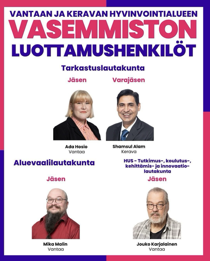 ”✨Tarkastuslautakunta varsinainen jäsen Ada Hosio ja varajäsen Shamsul Alam  ✨Kansalliskielilautakunta varsinainen jäsen Pirkko Kotila ja varajäsen  Jani Koskinen  ✨Aluevaalilautakunta  varsinainen jäsen Mika Malin   ✨HUS - Tutkimus-, koulutus-, kehittämis- ja innovaatiolautakunta  varainainen jäsen Jouko Karjalainen”