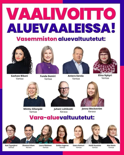 1.6.2025 työnsä aloittavan Vasemmiston Vantaan ja Keravan aluevaltuustoryhmän nimet ja kuvat.  Varsinaiset valtuutetut ovat: Gashaw Bibani (Vantaa) Funda Demiri (Vantaa) Antero Eerola (Vantaa) Elina Nykyri (Vantaa) Minttu Sillanpää (Vantaa) Juhani Lohikoski (Kerava) Jonna Weckström (Kerava)  Vara-aluevaltuutettuina ovat: Kati Tyystjärvi (Vantaa) Shamsul Alam (Kerava) Laura Räsänen (Vantaa) Sirkku Ingervo (Vantaa) Saara Antturi (Vantaa) Heidi Kuusisto (Vantaa) Ada Hosio (Vantaa)