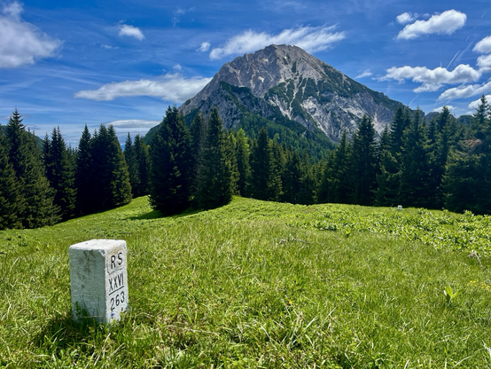 Grenzstein auf der grünen Wiese mit Blick zu einem massiven Felsgipfel