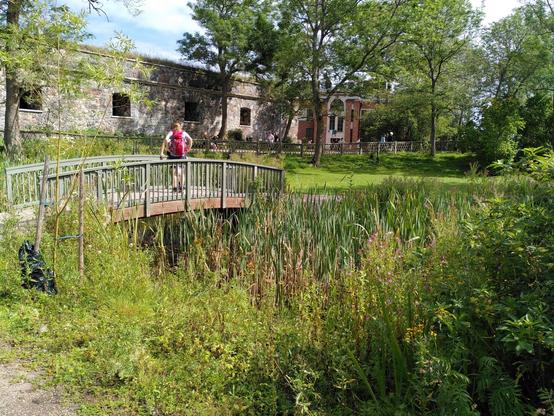 Im Hintergrund eine Mauer und Häuserfront. In der Mitte des Bildes eine Brücke auf der ein Mensch steht. Die Umgebung ist mit Wiese, Bäumen und im Vordergrund hohes Gras.
