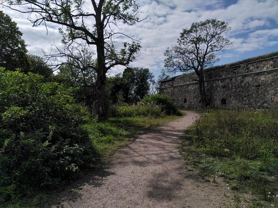 Ein Weg, umgeben von Bäumen und Wiese. Links sieht man auch eine Mauer.