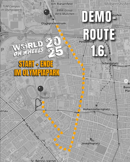Ausschnitt einer München-Karte von Schwabing und Milbertshofen. Dazu die eingezeichnete Route über dei Schleißheimer Str. Dazu die Aufschrift "World on Wheels 2025. Demo-Route 1.6. - Start + Ende im Olympiapark"