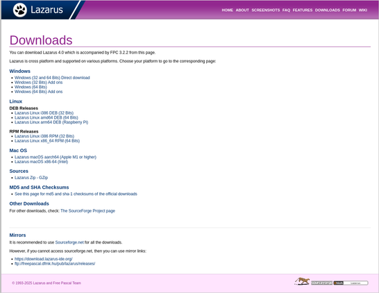 Screenshot der Downloadseit in www.lazarus-ide.org.
Es wurden einige Links ergänzt, um es den Usern einfacher zu machen, das passende Paket für Linux, MacOS, RasberryPi oder auch Windows herunter zu laden.