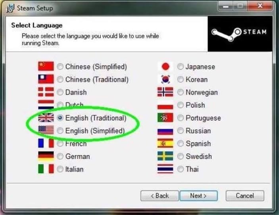 A typical software application Setup Wizard, asking the user to pick their preferred languages. A variety of languages are listed, along with their countries' flags. Also listed are two variations of English: English (Traditional) is represented by a UK flag, and English (Simplified) is represented by a US flag.