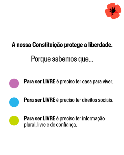 A nossa Constituição protege a liberdade.
Porque sabemos que…
* Para ser LIVRE é preciso ter casa para viver.
* Para ser LIVRE é preciso ter direitos sociais.
* Para ser LIVRE é preciso ter informação plural, livre e de confiança.