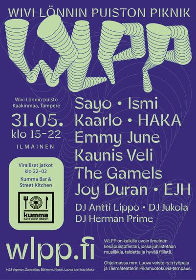 Poster for Wivi Lönnin Puiston Piknik, an outdoor music festival in Kaakinmaa, Tampere 31 May from 3 pm till 10 pm.  Features a list of artists including Sayo, Ismi, Kaarlo, and others.