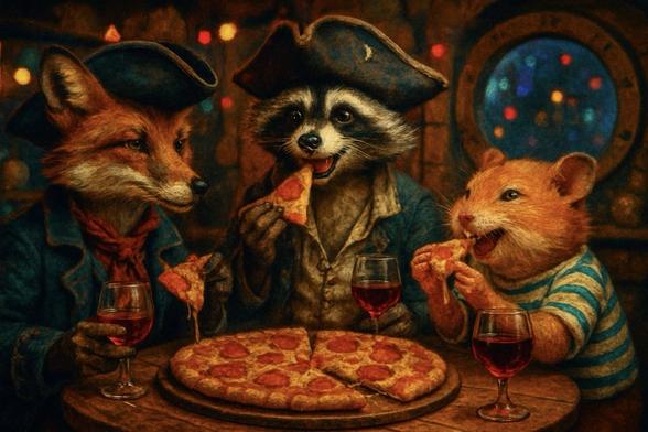 KI-Bild (GPT1 Medium):

Die drei chillenden Piraten beim Schmausen. Sie haben die Partybeleuchtung an und sitzen an einem großen Tisch. Fritzefuchs, Woody Waschbär und Hamster Holly mampfen fröhlich ihre Pizzastückchen. Eine frische Riesenpizza liegt noch vor ihnen auf dem Tisch. Dazu gibts Rotwein – Leben wie Gott in Frankreich oder so. Ans Segeln ist heut nicht mehr zu denken. *Börps*
