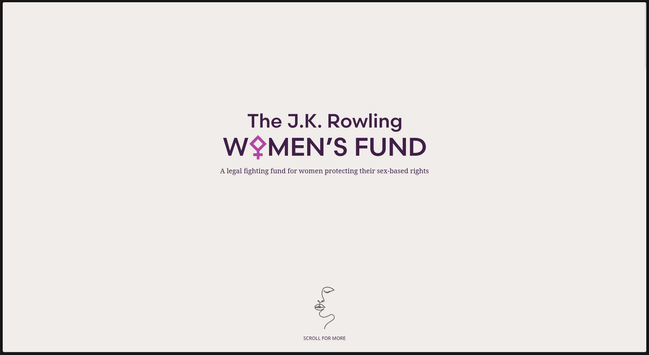 A white paper displays purple text about the J.K. Rowling Women's Fund, emphasizing its role as a legal fighting fund for women protecting their sex-based rights.