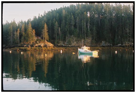 A film photo of a small section of Maine shoreline with dense, tall spruce trees and a turquoise-hulled lobster boat on a mooring. There is a small red cottage tucked up in the trees on the shore. The water is calm and the scene is reflected. Late afternoon sunlight illuminates the boat and the small point the cottage sits on.