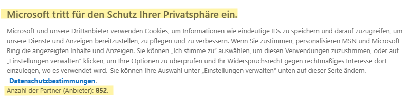 Microsoft Cookie Banner telling me that Microsoft fights for my privacy but in the same banner showing me that they share the data with 852 other companies.