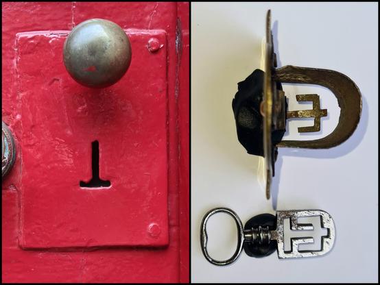 The unusual t-shaped keyhole for an Odell's nightlatch, with an example of the internal workings of such a latch and one of its keys.