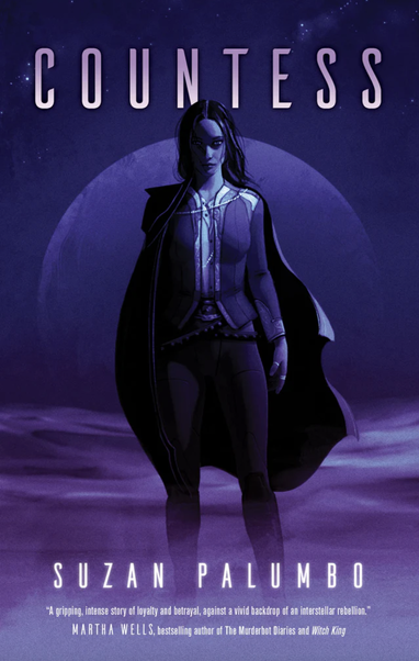 Book cover for Countess by Suzan Palumbo (ECW Press), with a determined-looking woman in flowing cape against a purple moon. A queer, Caribbean, anti-colonial sci-fi novella in which a betrayed captain seeks revenge on the interplanetary empire that subjugated her people for generations (shortlisted for the 2025 Aurora Award for science fiction and fantasy for Best Novelette/Novella) https://ecwpress.com/products/countess