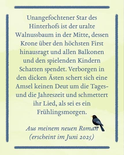 Auf einer hellgelben Fläche steht, umrahmt von einem blauen Rechteck aus blauen Linien, der Text: Unangefochtener Star des Hinterhofs ist der uralte Walnussbaum in der Mitte, dessen Krone über den höchsten First hinausragt und allen Balkonen und den spielenden Kindern Schatten spendet. Verborgen in den dicken Ästen schert sich eine Amsel keinen Deut um die Tages- und die Jahreszeit und schmettert ihr Lied, als sei es ein Frühlingsmorgen. Aus meinem neuen Roman (erscheint im Juni 2025). Auf der 5 von 2025 sitzt eine kleine schwarze Amsel.