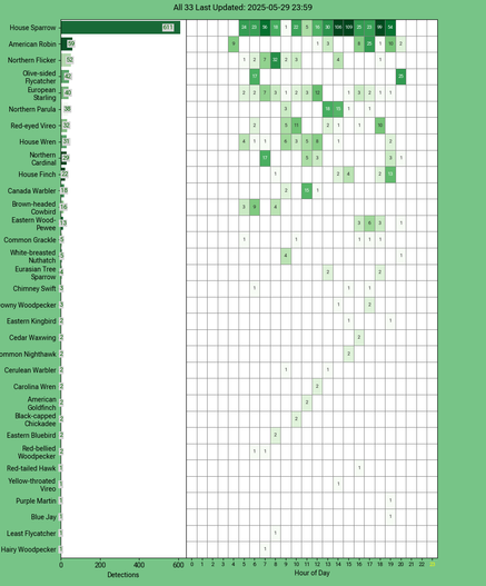Chart generated by BirdNET-Pi with rows of all detected birds for Thursday, May 29, 2025 in decending order.  The first large column displays a bar chart of relative frequency; the 24 reamaining columns create cells with the bird count for each hour of the day shaded by relative count.