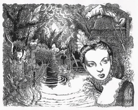 Illustration intérieure de La Belle et la Bête, en noir et blanc.
On voit la Belle au premier plan.
En arrière plan, de nuit, le parc du château, plein d'arbres et de broussailles et de détails inquiétants.