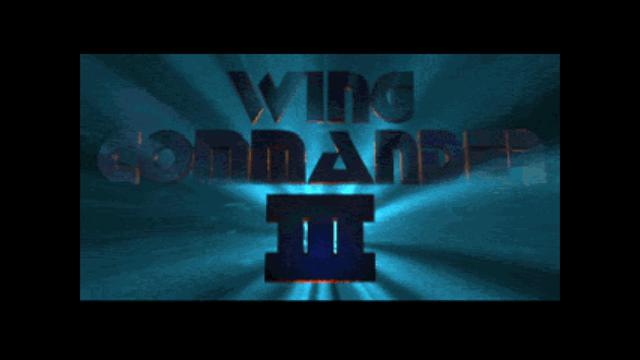 Text graphic featuring the title "Wing Commander III" against a bright blue and teal background with radiating light effects.
