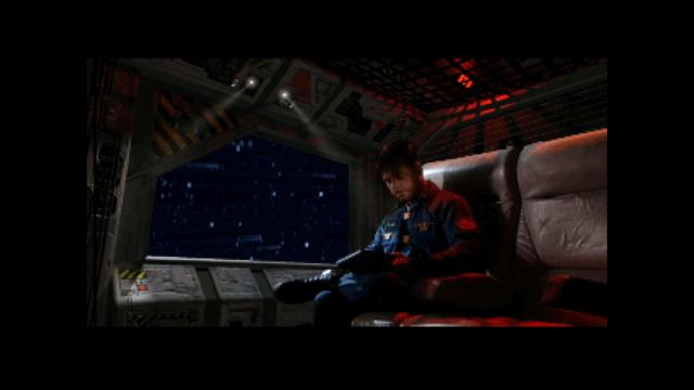 A character in a space-themed environment sits in a chair, holding a device and looking down. The interior is dimly lit with red accents, and a window shows stars in the background, suggesting deep space.