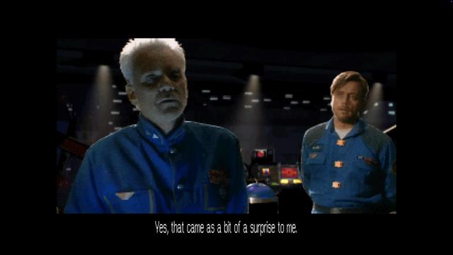 Two characters in blue uniforms are portrayed in a futuristic control room. One has white hair and a serious expression, while the other appears concerned. Text at the bottom reads, "Yes, that came as a bit of a surprise to me."