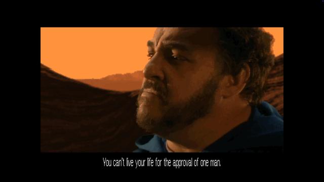 A close-up of a man with a beard, looking contemplative against a background of orange sky and hills. Text at the bottom reads, "You can't live your life for the approval of one man."