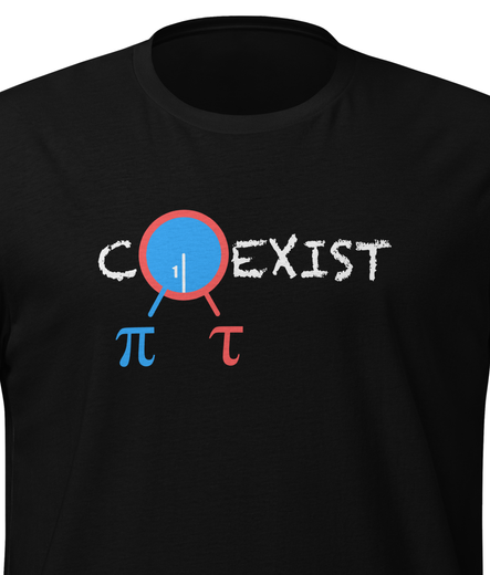 Pi and Tau COEXIST design, showing pi as the unit circle's area and tau as its circumference.