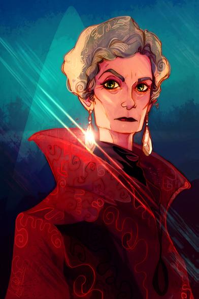 A strking graphic art portrait of Rear Admiral Norah Satie from the Star Trek The Next Generation episode The Drumhead. She is wearing a glowing red coat with a large open collar and shiny dangling ear rings against a dark blue background.