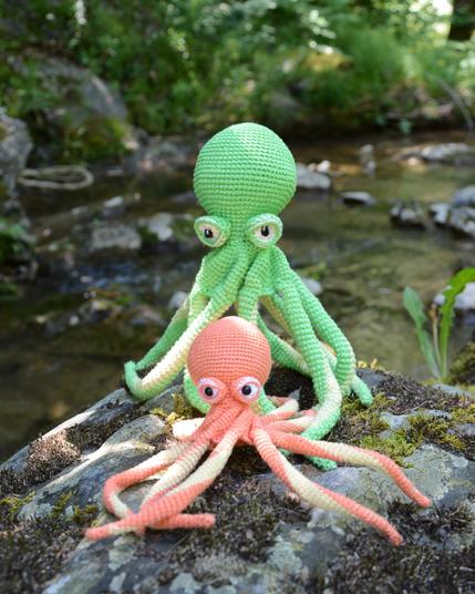 Deux poulpes au crochet posés sur un rocher moussu, au bord d'un ruisseau en sous-bois. L'un est vert avec des yeux globuleux et de longues tentacules bicolores vert clair. L'autre, plus petit, est corail avec des tentacules jaune pâle et corail. Tous deux regardent vers l'objectif dans une posture expressive.