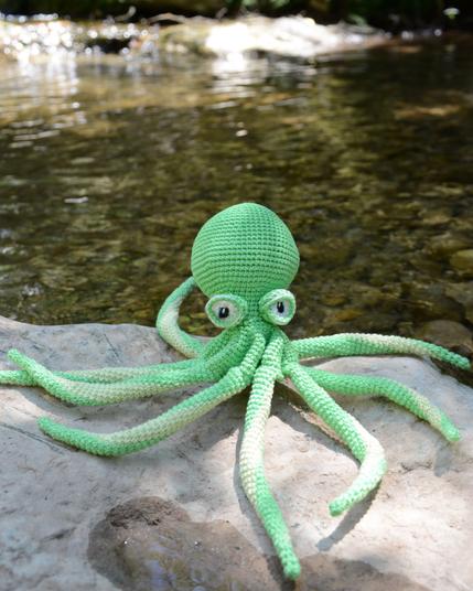 Un poulpe au crochet posé sur un rocher, au bord d'un ruisseau en sous-bois. Il est vert avec des yeux globuleux et de longues tentacules bicolores vert clair. Il regarde vers l'objectif dans une posture expressive.