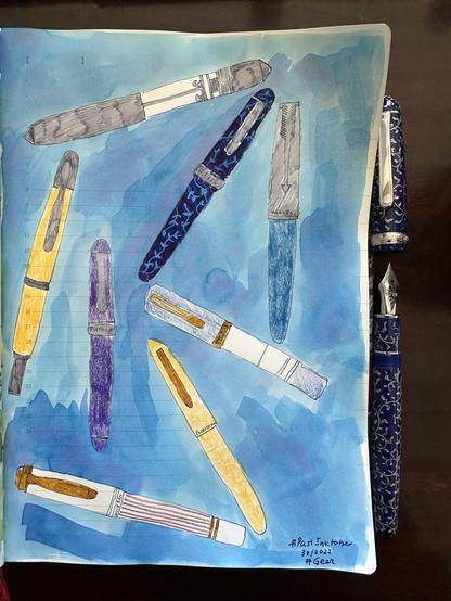 Sketch in sketchbook of several fountain pens scattered around against a blue background