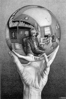 Hand with Reflecting Sphere aka Self-Portrait in Spherical Mirror by M. C. Escher.