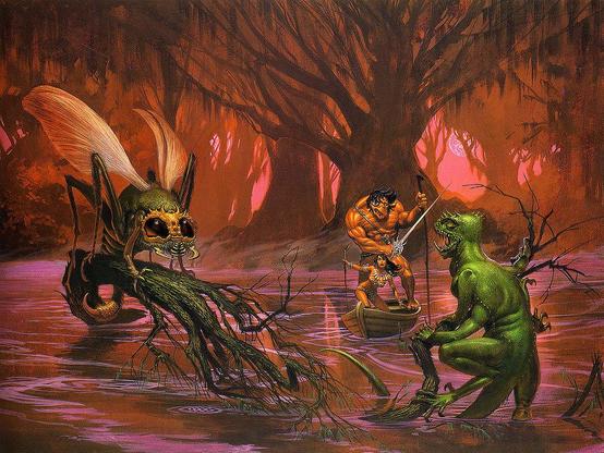 A grossly disfigured, hulking man ferries a boat through vermillion swamp. He holds an ornate rapier at the ready while pushing the craft with a makeshift pole gripped in his offhand. Gentle ripples in the water—highlighted in pink—radiate from the boat. The synthetic man's black hair and red cast skin are native to Barsoom, but his face is grotesquely asymmetrical with one huge eye bulging. His other eye is barely visibly as his face droops and his mouth slants at a sharp diagonal. His frame is comically top heavy with tense, striated muscle concentrated in his yolked shoulders and broad chest. At the bow of the boat, a Barsoomian woman decked in jewels and not much else is caught in a moment of surprise as she spies monstrous creatures ahead. A green, six-legged lizard with yellow eyes emerges from the water, stretching its jaws to reveal a mouth of jagged fangs. On an uprooted tree nearby perches an enormous insect with pincered mandibles, barbed tail, and translucent fly-like wings