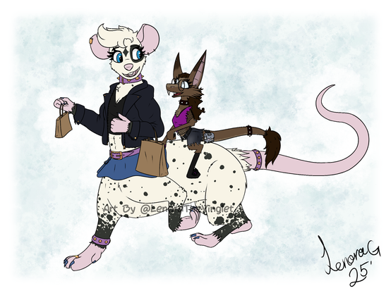A yinglet sat riding on the back of a mousetaur! Both look occupied in conversation with each other. Implied to be wandering around a mall trying out clothes of different kinds to express themselves!!