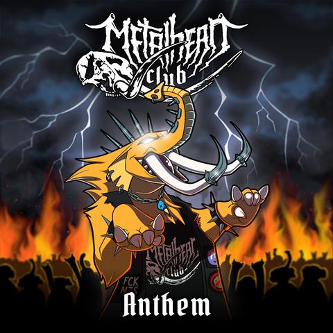 metalhead.club Song-Cover: Mastodon sieht aus wie ein Mensch. Trägt einige Accessoires im Metal-Stil, wie eine Kampfweste und Metallspikes. Im Hintergrund sind ein Gewitter und etwas Feuer zu sehen. Eine Menge Mastodons im Hintergrund jubelt.