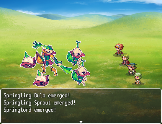 Screenshot showing a battle between humans and Springlings. There are three growing stages of the Springlings: Bulb, Sprout and Springlord, with the Lord commandeering the younglings.