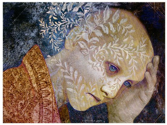 Graphite, colored pencil, some digital of a human face, leaning on one hand. Highly textured in blues and golds. Drawn flowering, growing shapes overlap the head and face.