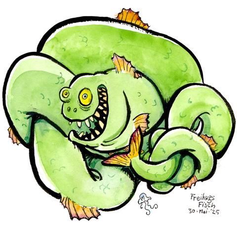 This drawing shows a long, bright green fish, entangled with itself into a knot. The fish is drawn in a whacky, cartoon style and has a crazy facial expression with a mad grin and wide open, insane eyes. It‘s fins are orange and the rest of the body is green.