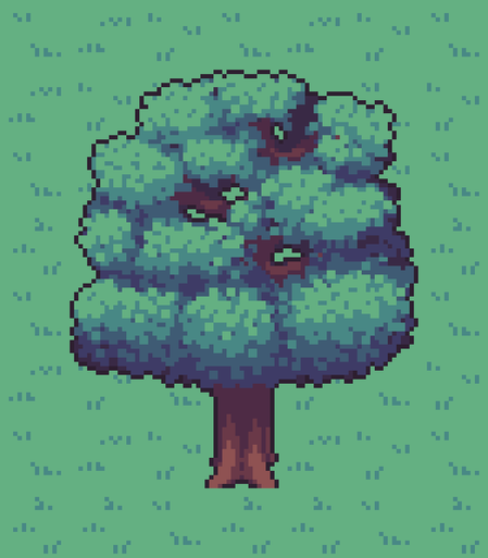 A pixel art piece depicting an oak tree in a grass field.